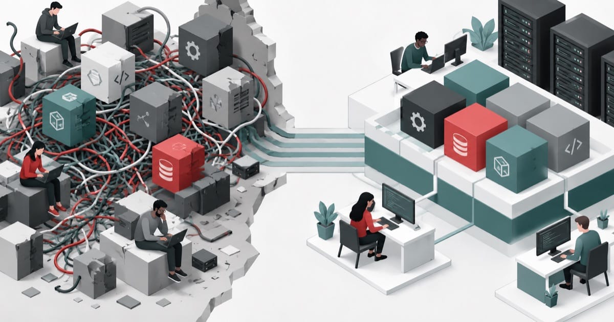 Conceptual illustration of tangled developer environments transitioning to an orderly shared software platform.