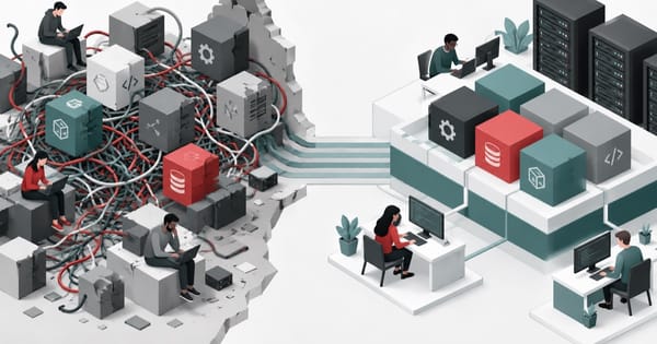 Conceptual illustration of tangled developer environments transitioning to an orderly shared software platform.