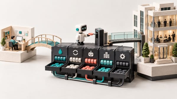 Conceptual miniature billing modules connecting a startup workspace, automated buyer and enterprise office.