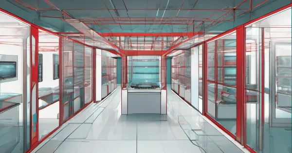 Conceptual architectural illustration of isolated glass-walled computing spaces.