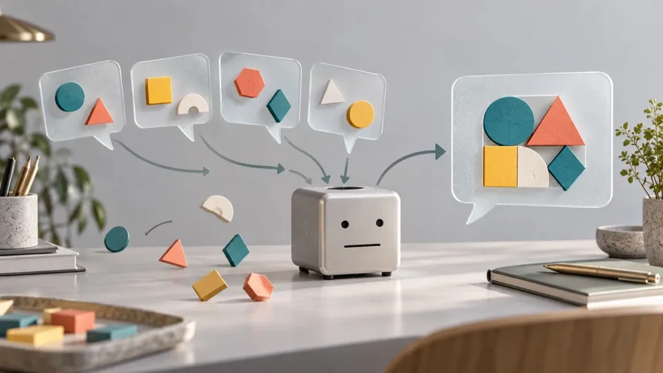 Conceptual illustration of fragmented chat instructions and a consolidated request.