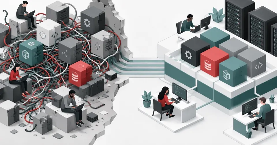 Conceptual illustration of tangled developer environments transitioning to an orderly shared software platform.
