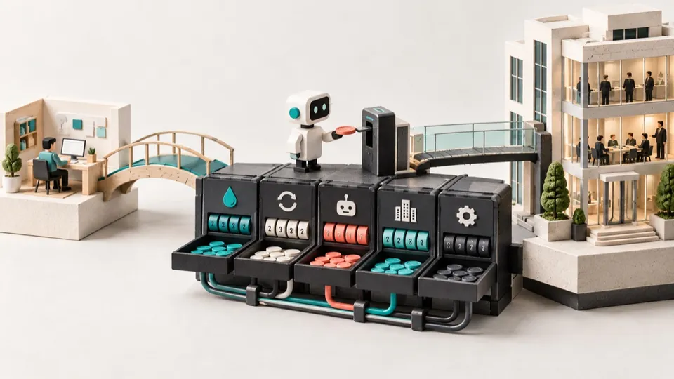 Conceptual miniature billing modules connecting a startup workspace, automated buyer and enterprise office.