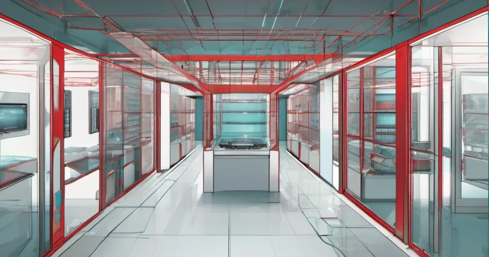 Conceptual architectural illustration of isolated glass-walled computing spaces.
